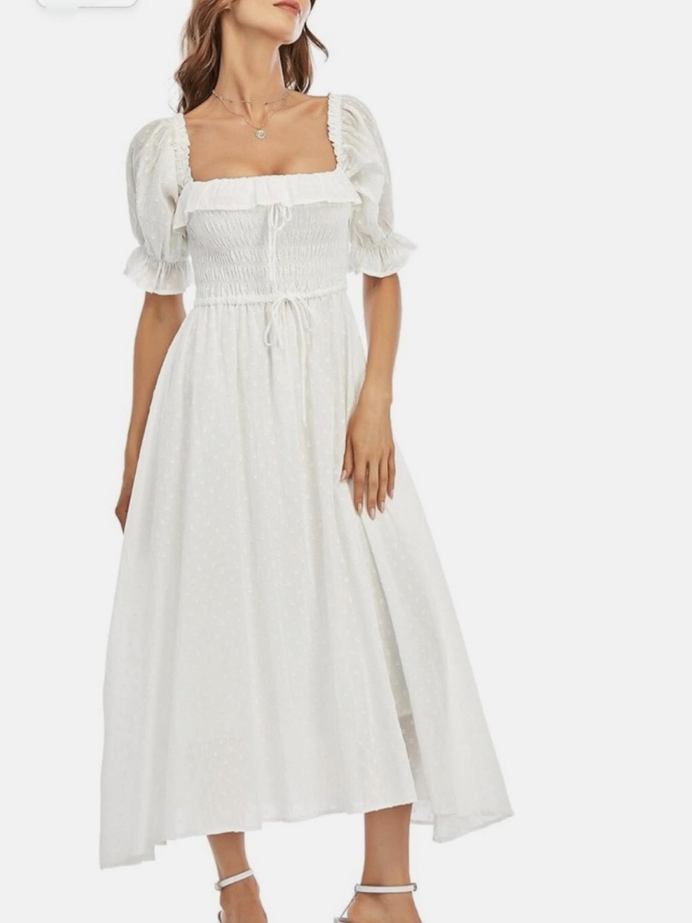 Square-Neck White Maxi Dress with Puff Sleeves